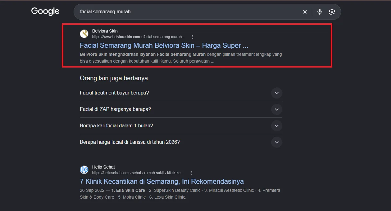 Bukti hasil Belviora Skin: #1 Google