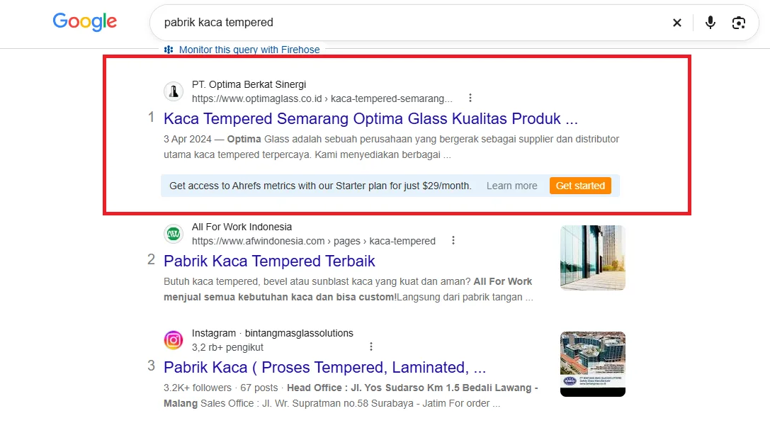 Bukti hasil Optima Glass: #1 Google